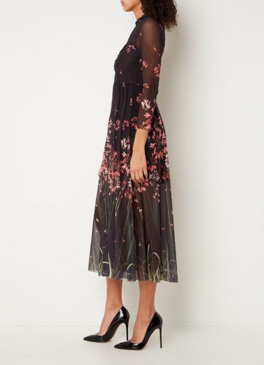 Ted Baker Susenaa midi jurk van mesh met bloemenprint - voorkant 4 zwart
