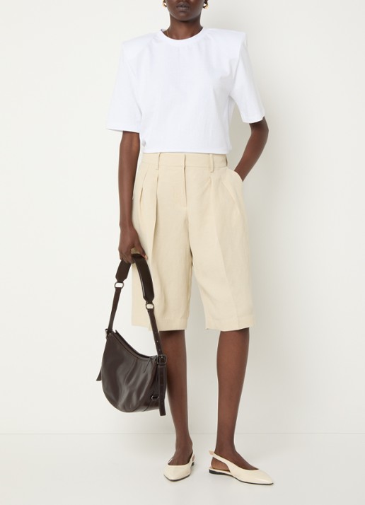 The Frankie Shop Bilbao high waist wide fit korte pantalon in linnenblend - voorkant 2 beige