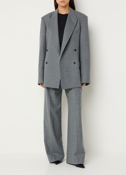 The Frankie Shop Brickell high waist wide fit pantalon van scheerwol met krijtstreep - voorkant 4 grijs