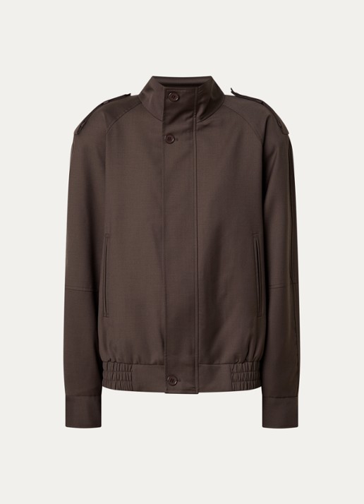 The Frankie Shop Kelly bomberjack in wolblend met schoudervulling en opstaande kraag - voorkant donkerbruin