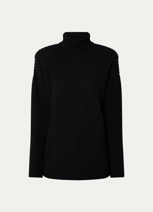 The Frankie Shop Lindall ribgebreide trui in wolblend met col en schoudervulling - voorkant zwart
