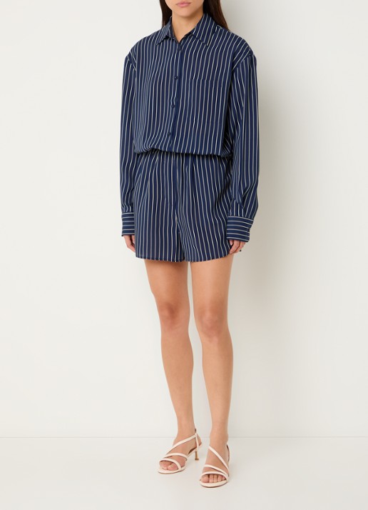 The Frankie Shop Lui high waist loose fit korte broek met streepprint en steekzakken  - voorkant 2 donkerblauw