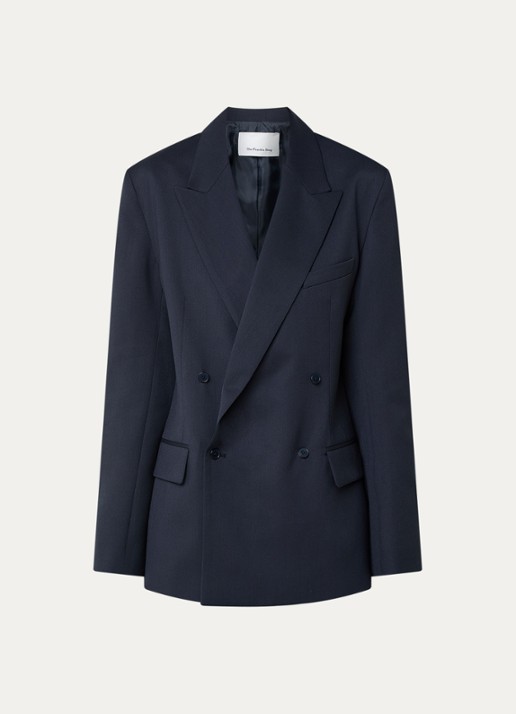 The Frankie Shop Newark double-breasted blazer in scheerwolblend met klepzakken - voorkant donkerblauw