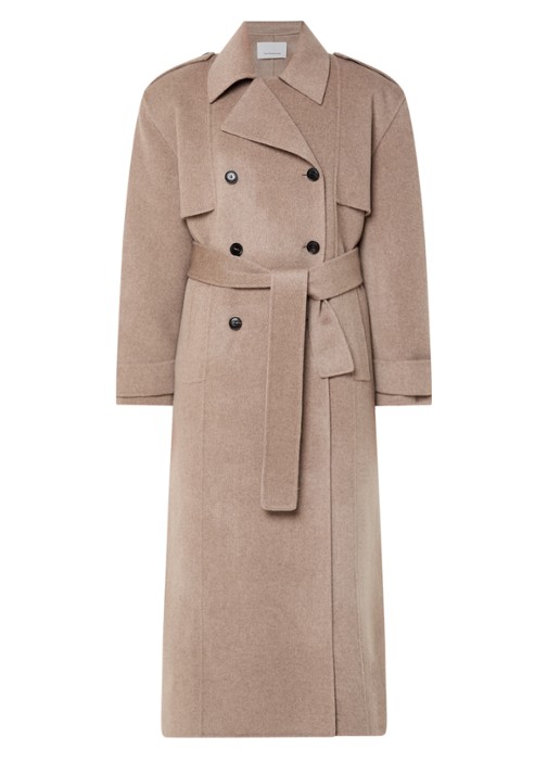 The Frankie Shop Nikola trenchcoat in kasjmierblend met schoudervulling - voorkant 3 donkerbeige