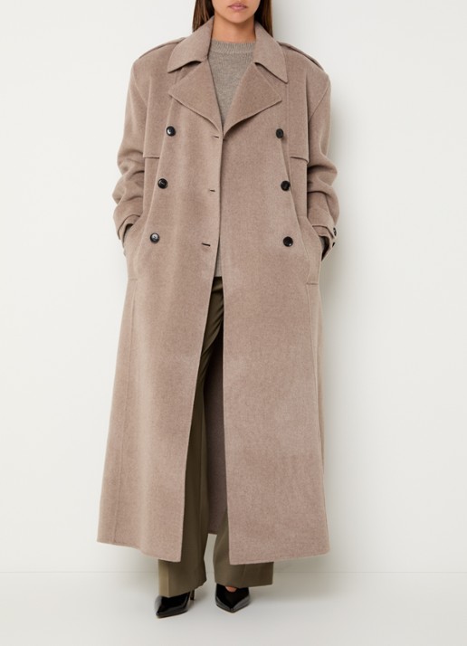The Frankie Shop Nikola trenchcoat in kasjmierblend met schoudervulling - voorkant 4 donkerbeige