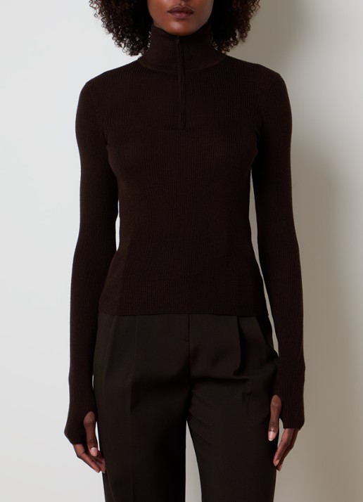 The Frankie Shop Sade fijngebreide pullover in wolblend met halve rits - detail 3 donkerbruin