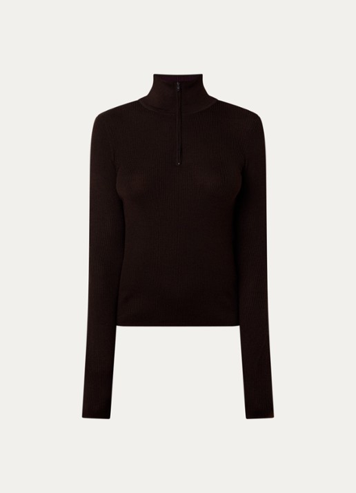 The Frankie Shop Sade fijngebreide pullover in wolblend met halve rits - voorkant donkerbruin