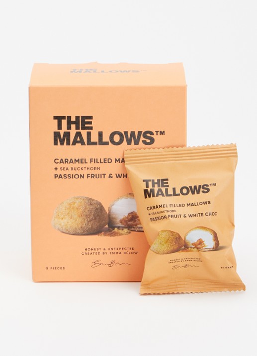 The Mallows Caramel Filled Mallows passievrucht en witte chocolade 80 gram - voorkant 2 orange