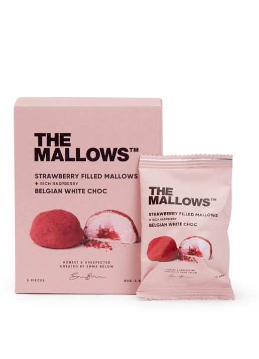 The Mallows Strawberry Filled Mallows - Belgian White Choc 5 stuks - voorkant undefined