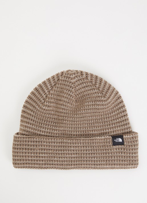 The North Face Fisherman grofgebreide muts met logo - voorkant lichtbruin