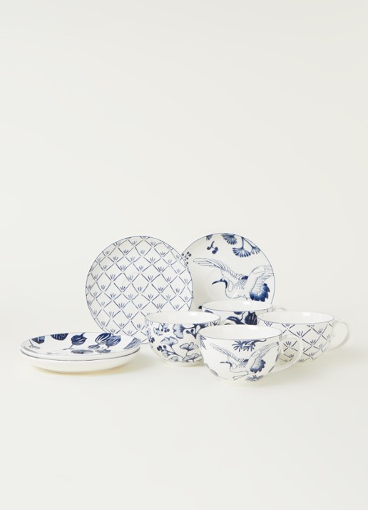 Tokyo Design Studio Flora Japonica kop en schotel 25 cl set van 4 - voorkant 2 donkerblauw