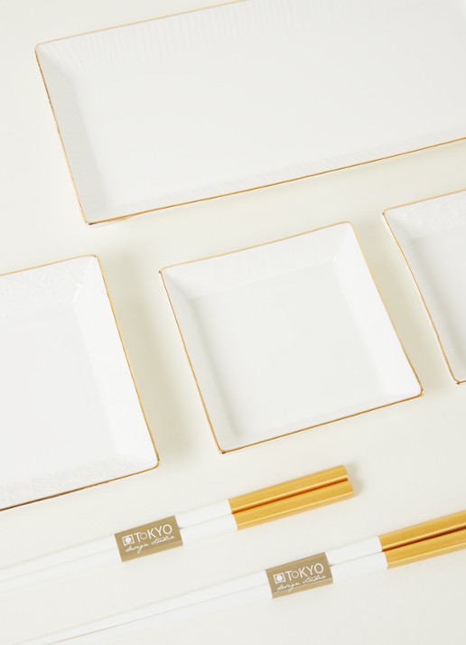 Tokyo Design Studio Nippon White Gold Rim sushi serviesset met eetstokjes 4-delig - detail 3 wit