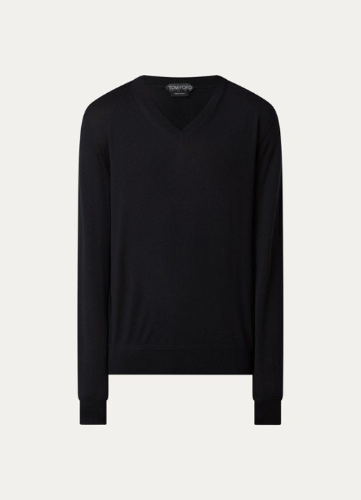 TOM FORD Fijngebreide pullover van wol met V-hals  - voorkant zwart
