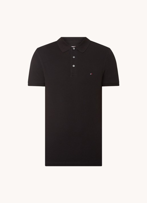 Tommy Hilfiger 1985 slim fit polo met logoborduring - voorkant 2 black  / zwart