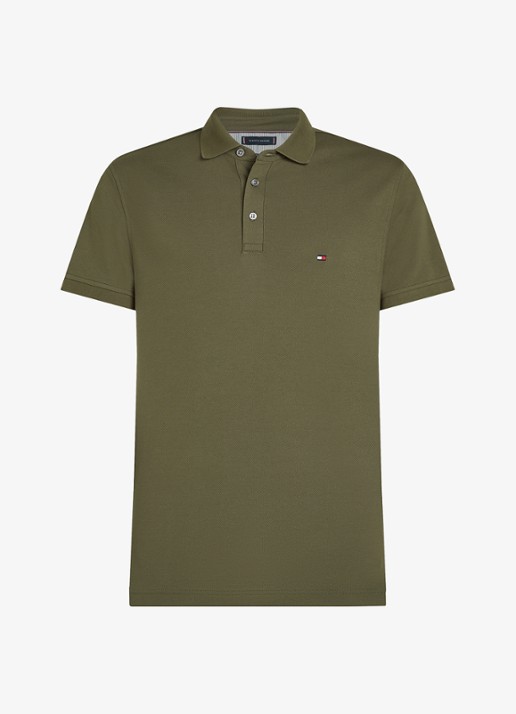 Tommy Hilfiger 1985 slim fit polo met logoborduring - voorkant 3 army green / groen