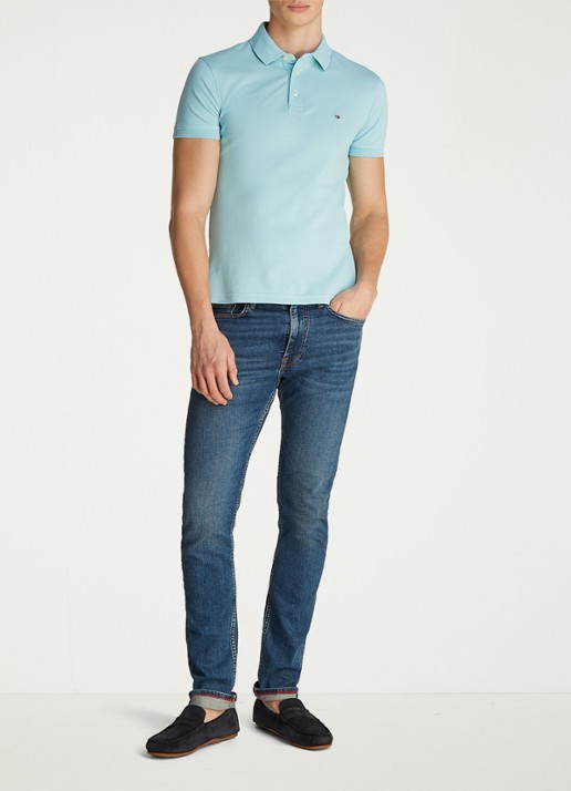 Tommy Hilfiger 1985 slim fit polo met logoborduring - voorkant 5 tradewinds aqua / blauw