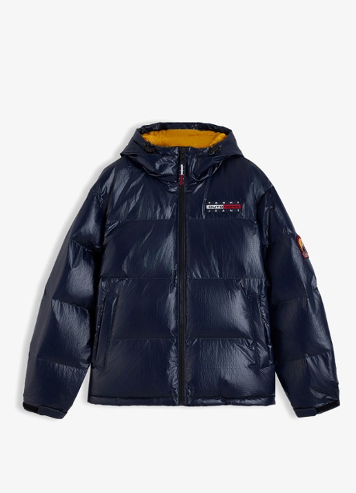 Tommy Hilfiger Alaska puffer met donsvulling en glanzende finish - voorkant donkerblauw
