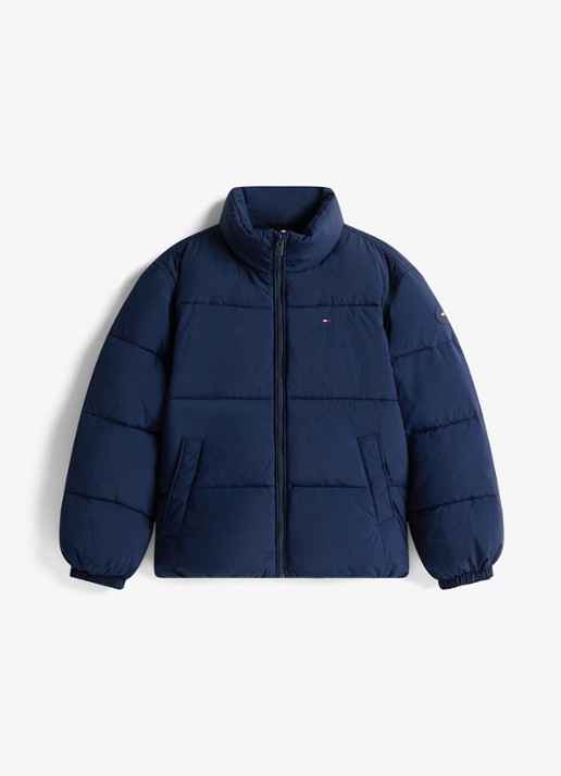 Tommy Hilfiger Back Flag puffer jas met logo - voorkant donkerblauw