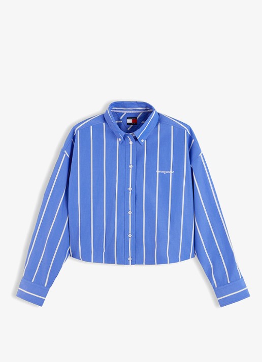 Tommy Hilfiger Blouse met streepprint en logoborduring - voorkant 3 blauw