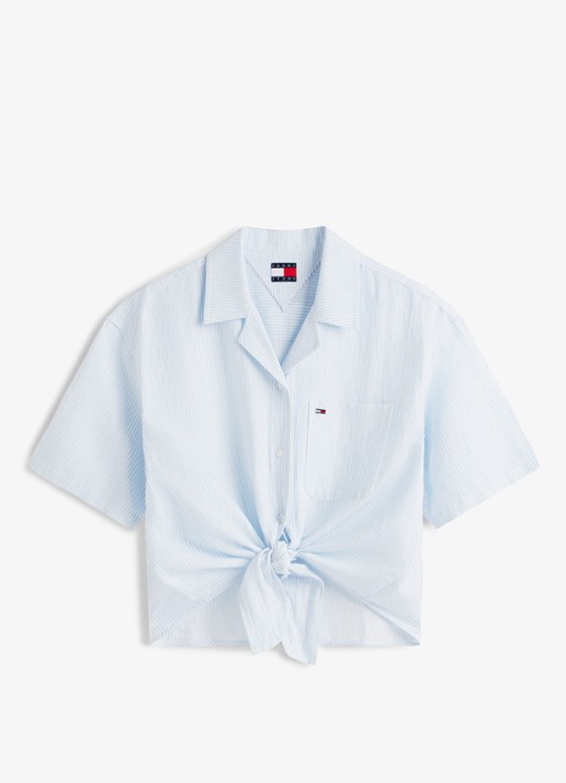 Tommy Hilfiger Cropped blouse in linnenblend met streepprint - voorkant 4 lichtblauw