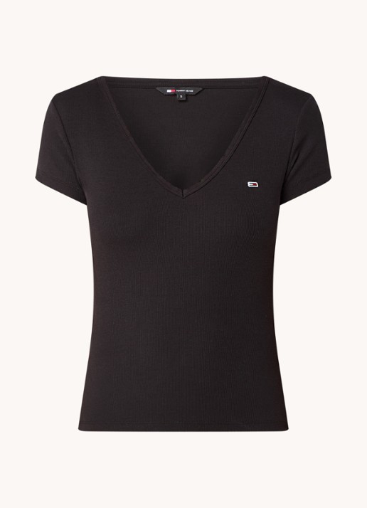 Tommy Hilfiger Fijngebreid T-shirt met logo - voorkant 2 zwart