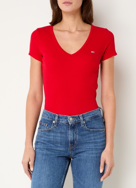 Tommy Hilfiger Fijngebreid T-shirt met logo - detail rood