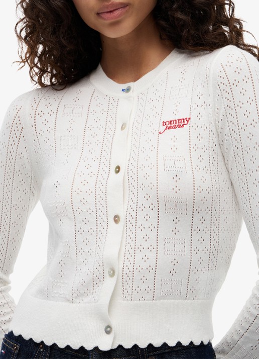 Tommy Hilfiger Fijngebreid vest met opengewerkt dessin - detail 4 gebroken wit