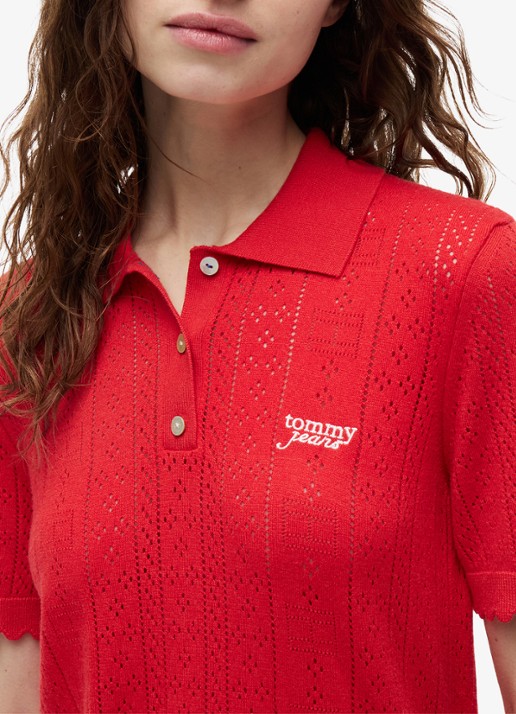 Tommy Hilfiger Fijngebreide polo met opengewerkt dessin - detail 3 rood