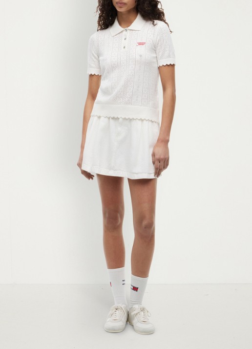 Tommy Hilfiger Fijngebreide polo met opengewerkt dessin - voorkant 5 gebroken wit