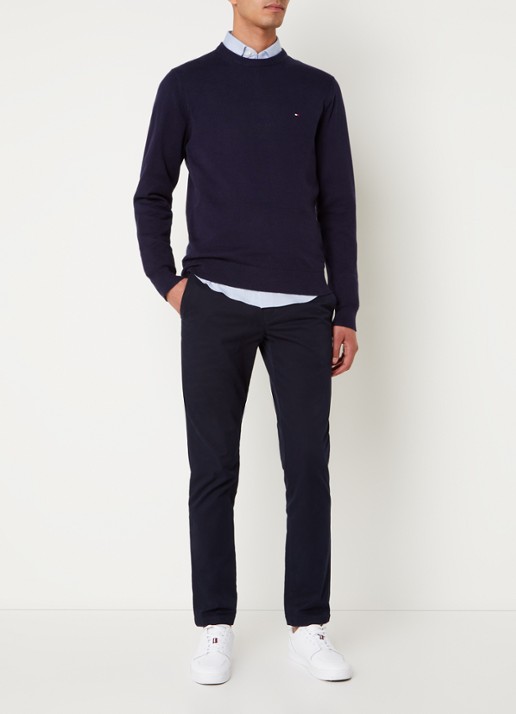 Tommy Hilfiger Fijngebreide pullover in kasjmierblend met logoborduring - voorkant 5 donkerblauw