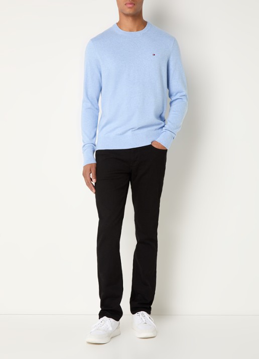 Tommy Hilfiger Fijngebreide pullover in kasjmierblend met logoborduring - voorkant 3 lichtblauw