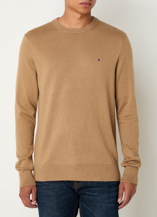 Tommy Hilfiger Fijngebreide pullover in kasjmierblend met logoborduring - detail lichtbruin