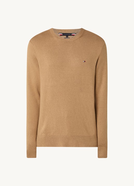 Tommy Hilfiger Fijngebreide pullover in kasjmierblend met logoborduring - voorkant 3 lichtbruin