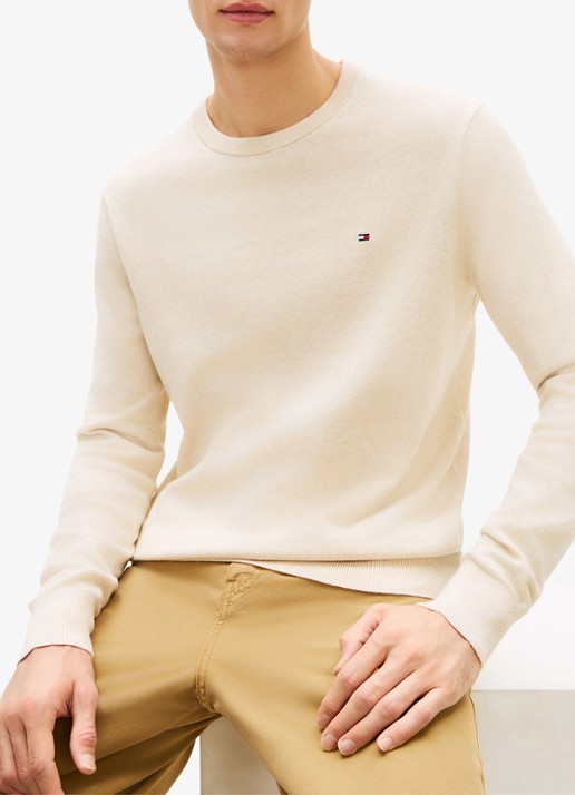 Tommy Hilfiger Fijngebreide pullover in kasjmierblend met logoborduring - detail beige