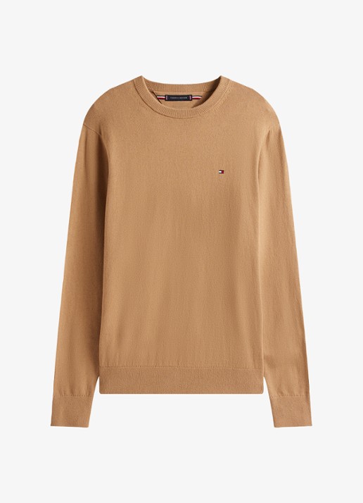 Tommy Hilfiger Fijngebreide pullover in kasjmierblend met logoborduring - voorkant 3 camel