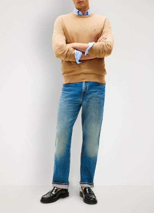 Tommy Hilfiger Fijngebreide pullover in kasjmierblend met logoborduring - voorkant 4 camel