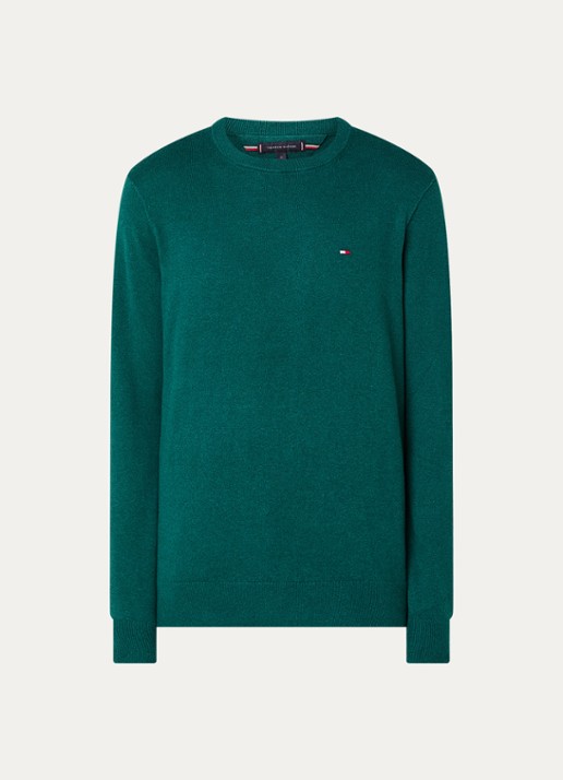 Tommy Hilfiger Fijngebreide pullover in kasjmierblend met logoborduring - voorkant 3 zeegroen