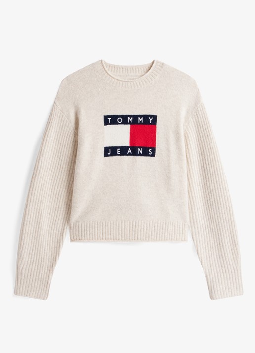 Tommy Hilfiger Fijngebreide pullover met ingebreid patroon - voorkant 3 gebroken wit