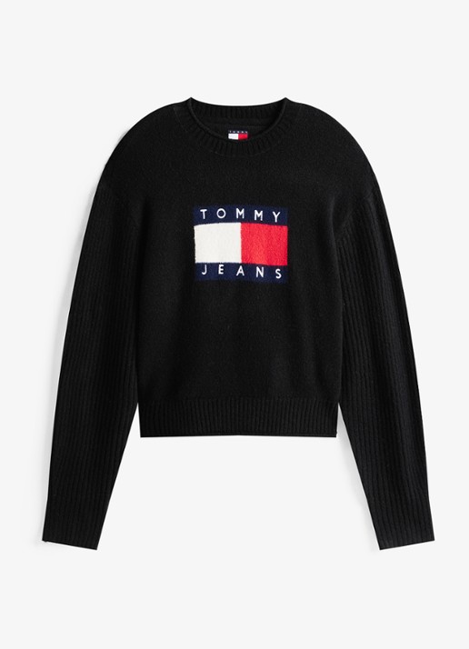 Tommy Hilfiger Fijngebreide pullover met ingebreid patroon - voorkant 2 zwart