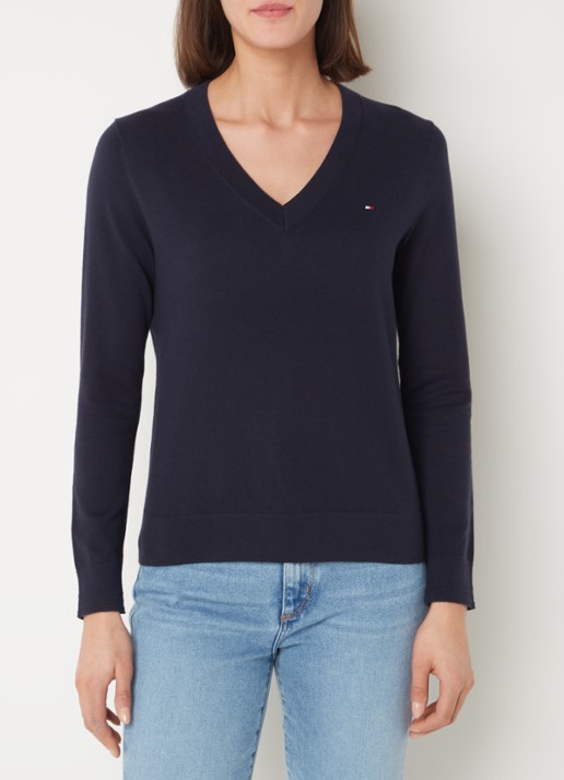 Tommy Hilfiger Fijngebreide pullover met logoborduring  - detail 2 donkerblauw
