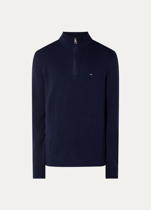 Tommy Hilfiger Fijngebreide trui in kasjmierblend met logoborduring - voorkant 2 donkerblauw
