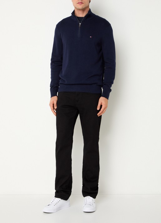 Tommy Hilfiger Fijngebreide trui in kasjmierblend met logoborduring - voorkant 3 donkerblauw