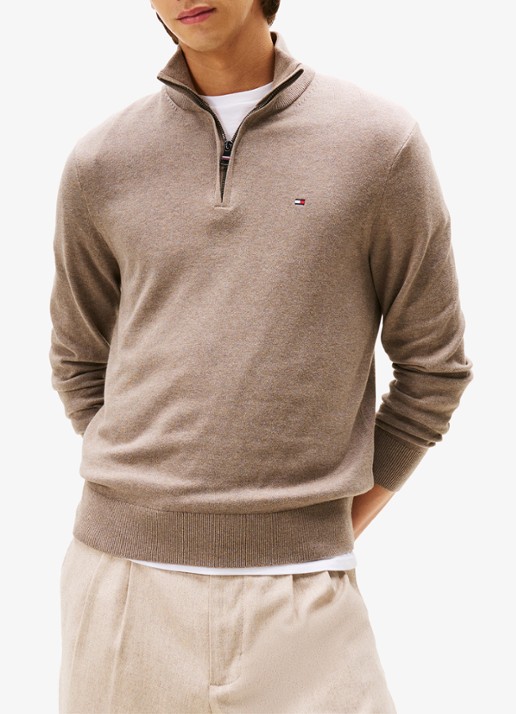 Tommy Hilfiger Fijngebreide trui in kasjmierblend met logoborduring - detail beige