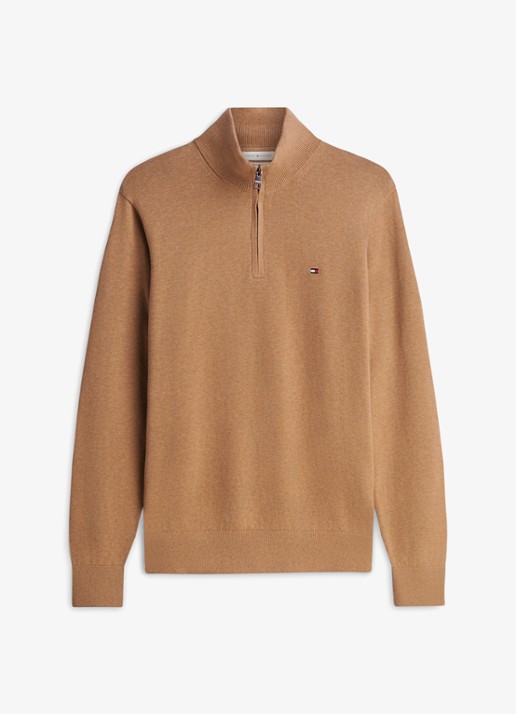 Tommy Hilfiger Fijngebreide trui in kasjmierblend met logoborduring - voorkant camel