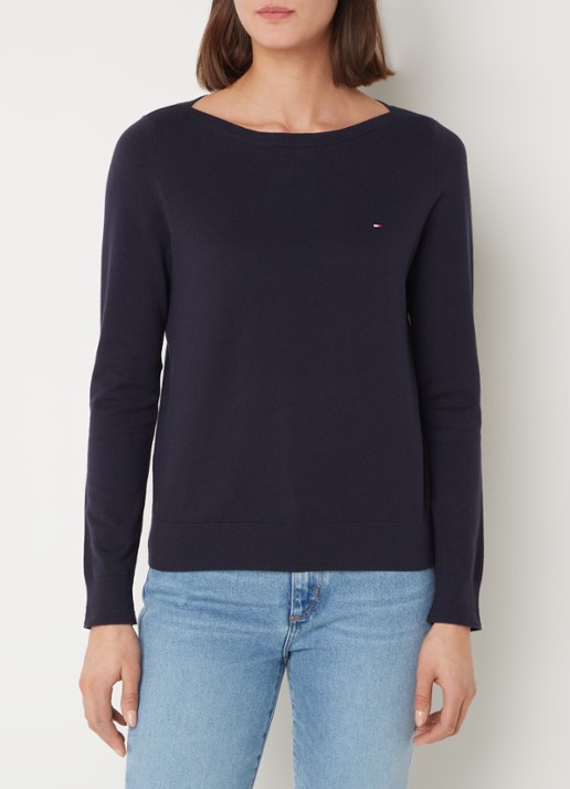 Tommy Hilfiger Fijngebreide trui met logoborduring - detail donkerblauw