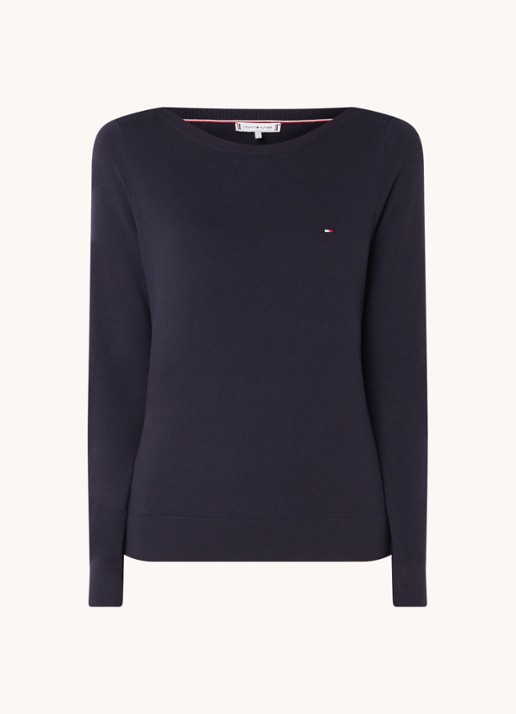 Tommy Hilfiger Fijngebreide trui met logoborduring - voorkant 3 donkerblauw
