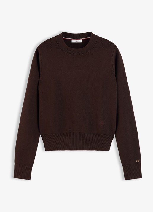 Tommy Hilfiger Fijngebreide trui met logoborduring - voorkant 4 chocoladebruin