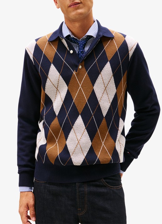Tommy Hilfiger Fijngebreide trui met ruitdessin en polokraag - detail 3 donkerblauw
