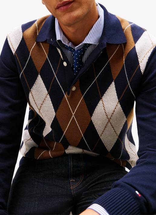 Tommy Hilfiger Fijngebreide trui met ruitdessin en polokraag - detail 4 donkerblauw