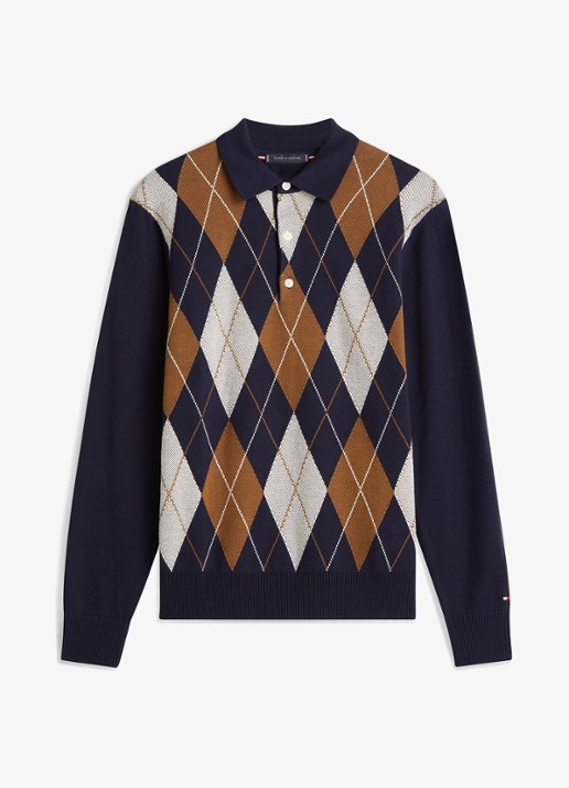 Tommy Hilfiger Fijngebreide trui met ruitdessin en polokraag - voorkant donkerblauw